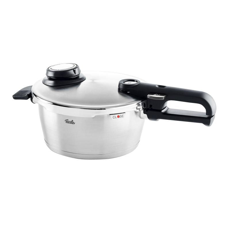 Fissler Vitavit Premium Pressure Cooker 18cm, features stainless steel design, color-coded valve, and safe depressurizing.