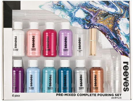 Reeves Pre Mixed Acrylic Pour Set with 10 vibrant colors, silicone oil, and canvas for easy and creative fluid art.