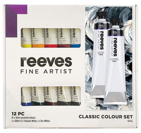 Reeves Fine Artist Oil Paint Classic Colour Set features 10 vibrant, blendable tubes for enhancing artistic creativity.