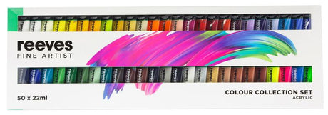 Reeves Acrylic Paint set featuring 50 vibrant 22ml tubes, ideal for artists, versatile for various surfaces and techniques.