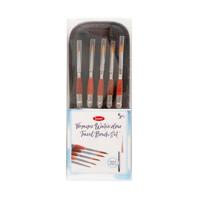 Jasart Watercolour Pocket Brush Set in leather-look case, featuring 5 durable, lightweight, and high-quality round brushes.