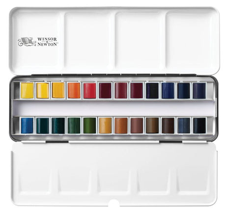 Winsor & Newton travel watercolor set in metal tin with 24 vibrant half pans for artists on-the-go.