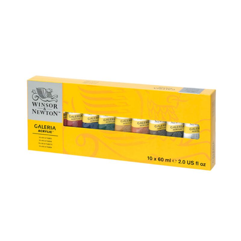 High-quality 10-color Winsor & Newton Galeria Acrylic Paint set in 60ml tubes for vibrant, durable artworks on various surfaces.