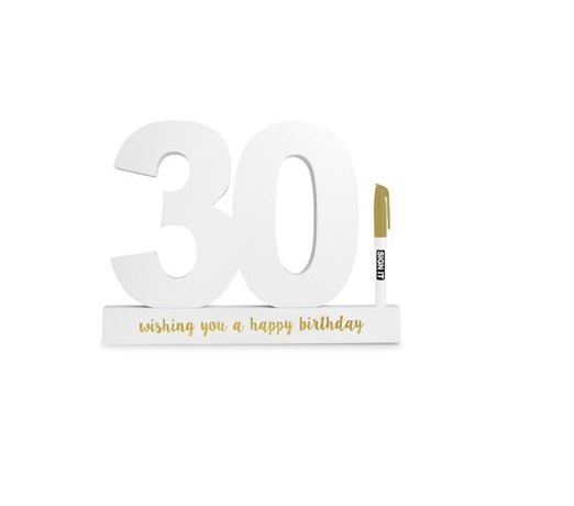 Elegant white 30th birthday sign with a gold pen for guests to write heartfelt messages and create lasting memories.