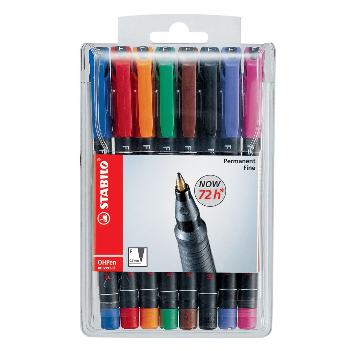 Set of 10 Stabilo Ohpen pens in fine red, perfect for vibrant presentations on overhead projectors with a comfortable grip.