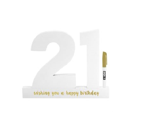Elegant white 21st birthday sign with gold pen, perfect for guest messages and a memorable keepsake celebrate.