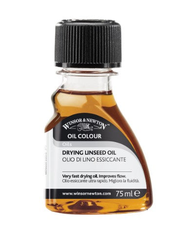 Winsor & Newton Drying Linseed Oil in a 75ml bottle, enhances gloss, transparency, and speeds up drying for oil paintings.