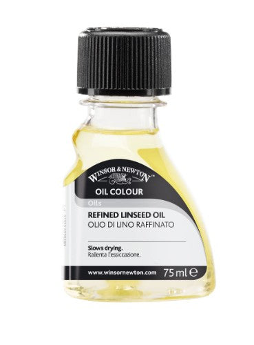 75ml bottle of Winsor & Newton Refined Linseed Oil, a low viscosity oil enhancing paint flow and adding gloss.