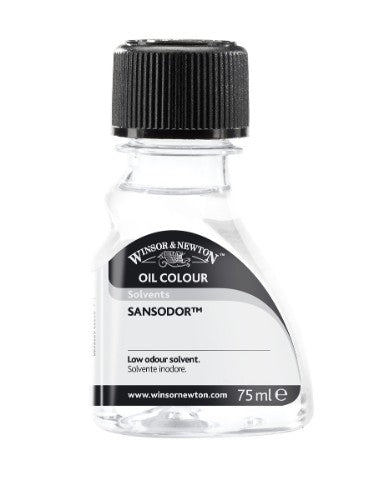 75ml bottle of Winsor & Newton Sansodor, a low odour solvent for thinning oil colours and cleaning brushes effectively.