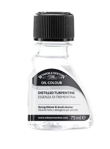 Winsor & Newton English Distilled Turpentine in a 75ml bottle, ideal for thinning oil paints and cleaning brushes effectively.