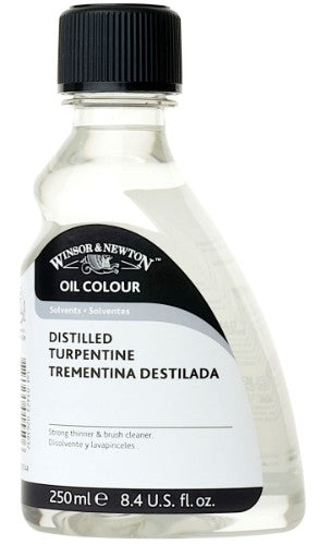 250ml bottle of Winsor & Newton English Distilled Turpentine for thinning oil paints and brush cleaning, ideal for artists.