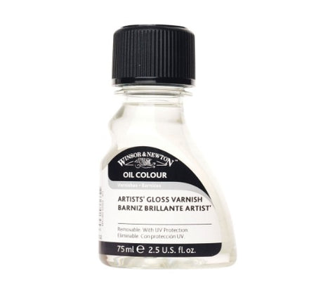 Bottle of Winsor & Newton Artists' Gloss Varnish - 75ml, UV resistant, quick-drying, non-yellowing finish for artwork protection.