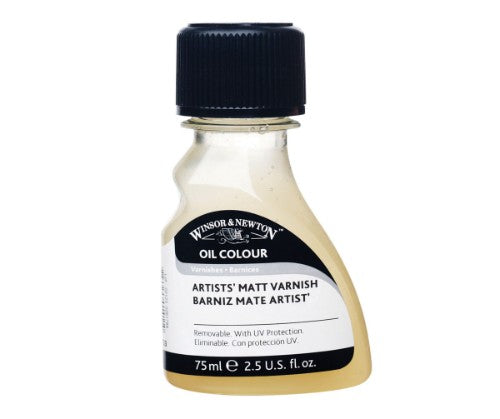 75ml bottle of Winsor & Newton Artists' Matt Varnish, UV-resistant, quick-drying, non-yellowing, ideal for oil and acrylic artwork.