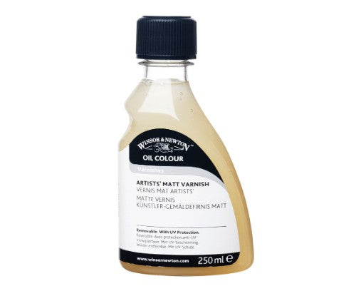 Bottle of Winsor & Newton Artists' Matt Varnish - 250ml, UV-resistant, quick-drying, non-yellowing, ideal for preserving artwork.