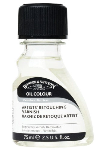 Glossy retouching varnish for oils, enhances colors and protects artwork with UV resistance, 75ml bottle by Winsor & Newton.