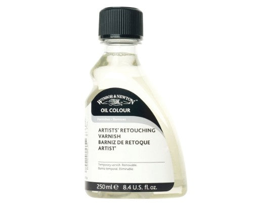 Bottle of Winsor & Newton Artists' Retouching Varnish, 250ml, designed to enhance and protect oil paintings with a glossy finish.