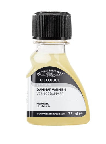 Pale yellow Winsor & Newton Dammar Varnish in 75ml bottle, designed for high gloss protection of oil and alkyd paintings.