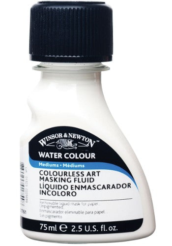 Winsor & Newton Colourless Art Masking Fluid in a 75ml bottle, ideal for protecting paper while applying watercolors.