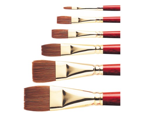 Flat brush with pure sable and synthetic fibers for crisp lines and washes in watercolor, featuring durable gold ferrules.