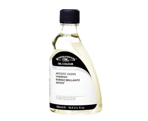 Winsor & Newton Artists' Gloss Varnish 500ml, a UV-resistant, quick-drying varnish for a glossy, protective finish on artworks.