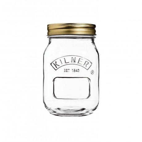 Kilner Preserve Jar 500ml, a durable glass jar with a classic logo, ideal for canning jams and pickles, with a secure metal lid.