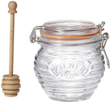 Kilner Honey Pot and Spoon 400ml with embossed beehive design, airtight seal, and wooden dipper for serving honey beautifully.