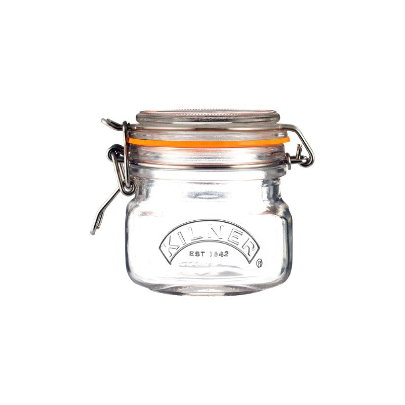 Square Clip Top Jar by Kilner, 250ml, ideal for preserving foods with airtight seal and durable glass design.