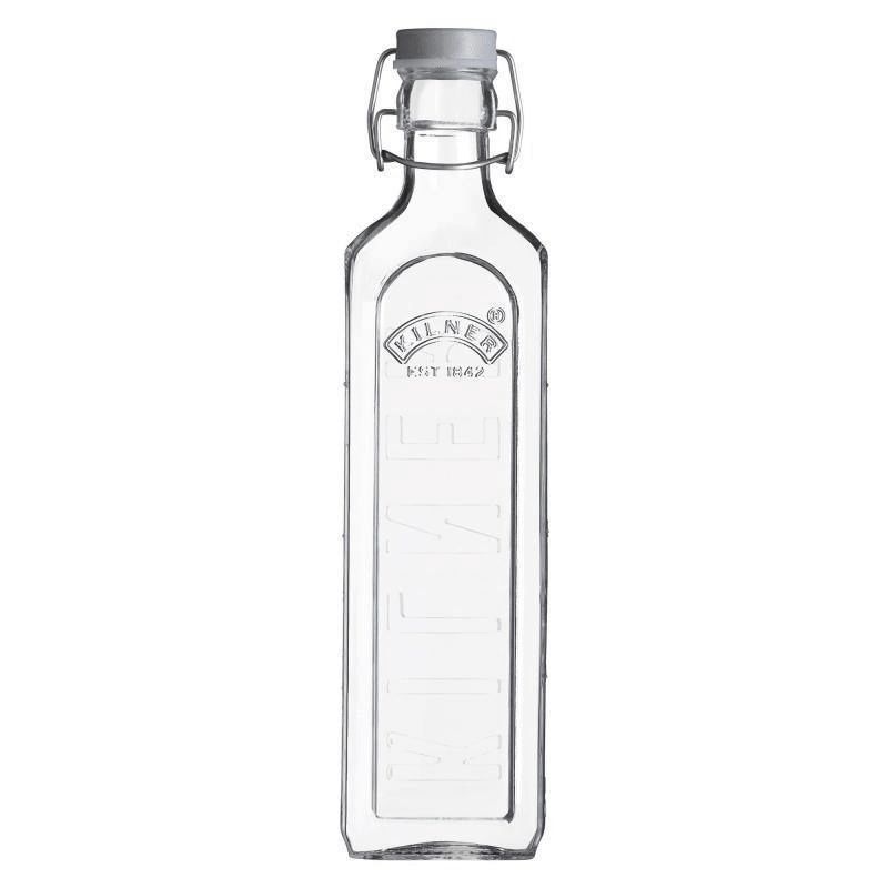 Kilner 1 Litre Clip Top Bottle in clear glass, ideal for preserving oils and sauces, features a secure grey lid and elegant design.