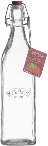 Clear glass Kilner Clip Top Bottle 1 Litre for stylish food storage, ideal for oils, sauces, and vinegars, with secure lid.