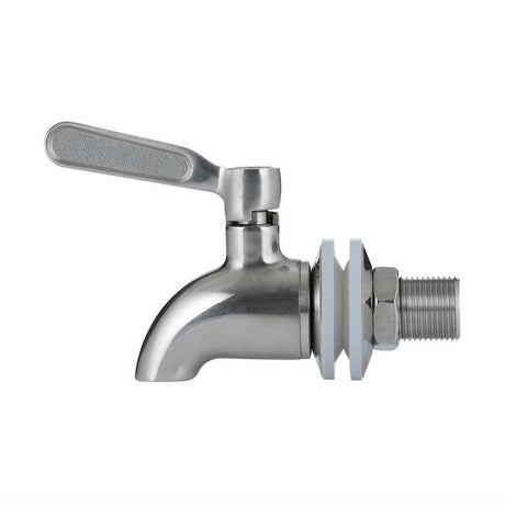 Stainless steel drinks dispenser tap with silicone washers for leak-free flow, fits Kilner 3, 5, and 8-litre dispensers.