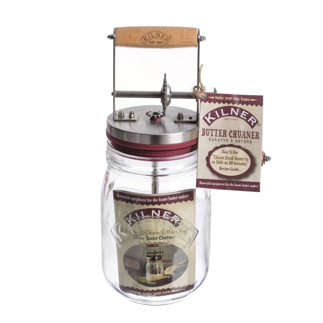 Kilner Butter Churner (1L) for making fresh homemade butter with glass jar, lid, handle, and butter paddle for easy use.