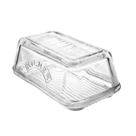 Kilner glass butter dish with embossed logo, elegantly designed with lid, retains freshness for up to 250g of butter.