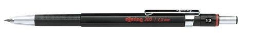 Rotring 2mm clutch pencil with built-in sharpener, ergonomic grip, and lead hardness indicator for detailed design work.