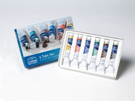 Winsor & Newton Cotman Water Colour Set featuring 6 vibrant 8ml tubes, ideal for beginners and portable art applications.