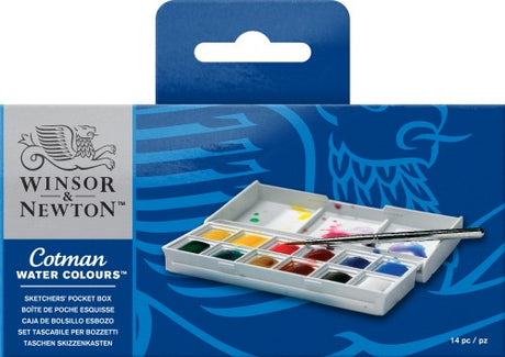 Compact Winsor & Newton Cotman watercolor set in a pocket box, perfect for outdoor sketching and vibrant, easy color blending.