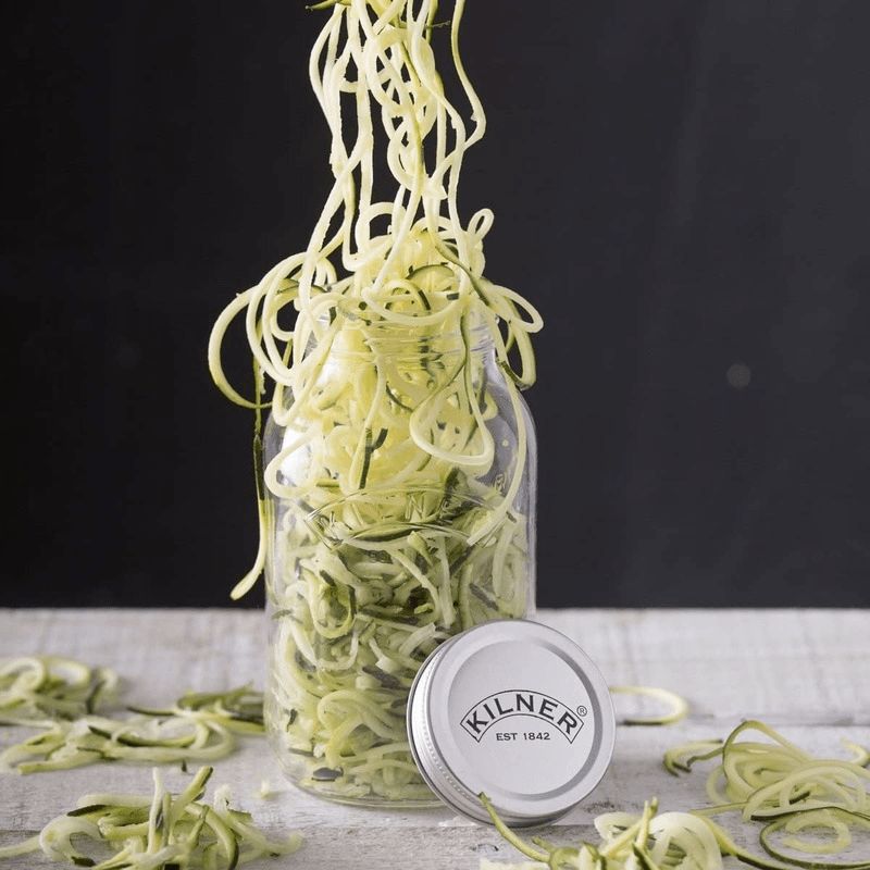 Kilner Spiralizer Set Glass: transforms vegetables into healthy spiral ribbons, includes a 1L jar for easy storage.