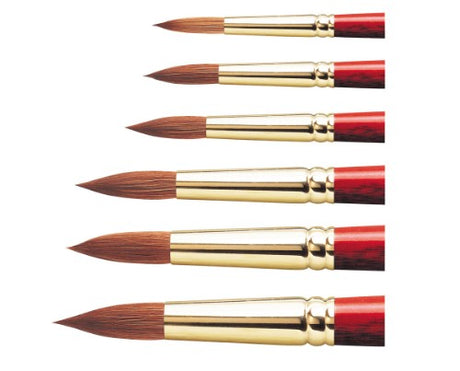 Round Size 7 brush featuring a sable-synthetic blend, gold-plated ferrule, and terracotta handle for versatile watercolor painting.