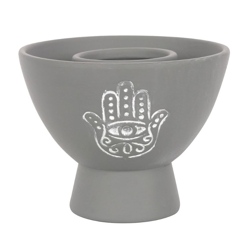 Hamsa Grey Terracotta Smudge Bowl with intricate Hamsa design, perfect for burning herbs and enhancing spiritual practices.