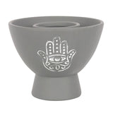 Hamsa Grey Terracotta Smudge Bowl with intricate Hamsa design, perfect for burning herbs and enhancing spiritual practices.