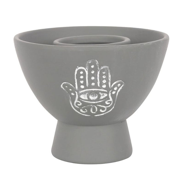 Hamsa Grey Terracotta Smudge Bowl with intricate Hamsa design, perfect for burning herbs and enhancing spiritual practices.