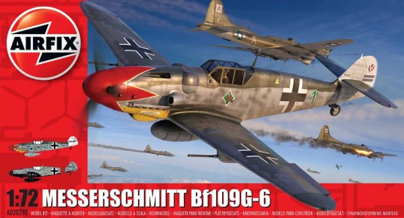 Airfix Messerschmitt Bf109G-6 model kit in 1:72 scale, featuring 41 detailed parts and options for two unique paint schemes.