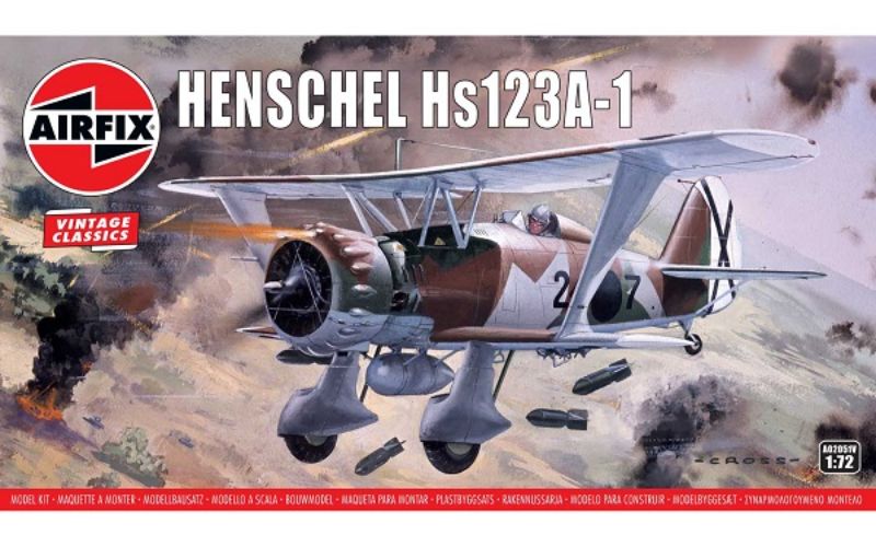 1/76 scale Airfix Henschel Hs123A-1 model kit featuring 38 detailed pieces, representing a WWII biplane attack aircraft.