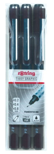 Rotring Tikky Graphic pens in black, available in 0.1mm, 0.3mm, and 0.5mm, featuring lightfast, waterproof pigment ink.