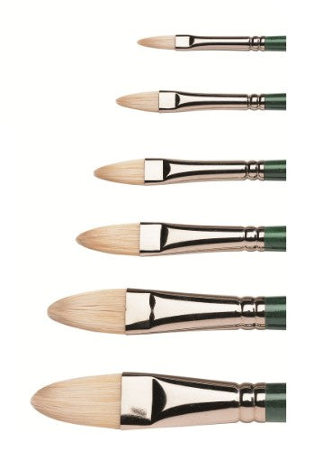 Winsor & Newton Winton Hog Filbert Brush Size 1, featuring hog bristles, ergonomic handle, ideal for blending and detailing.