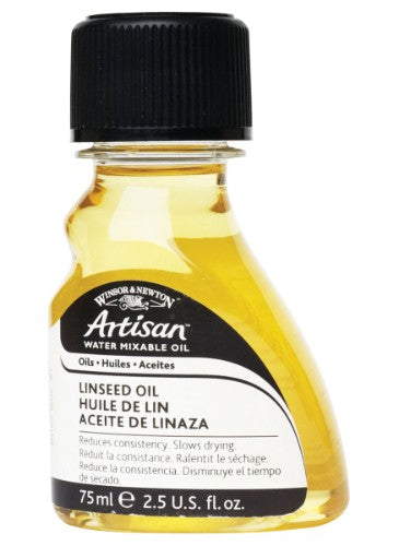 Winsor & Newton Artisan Linseed Oil 75ml enhances oil paint flow, increases gloss and transparency for vibrant artwork.