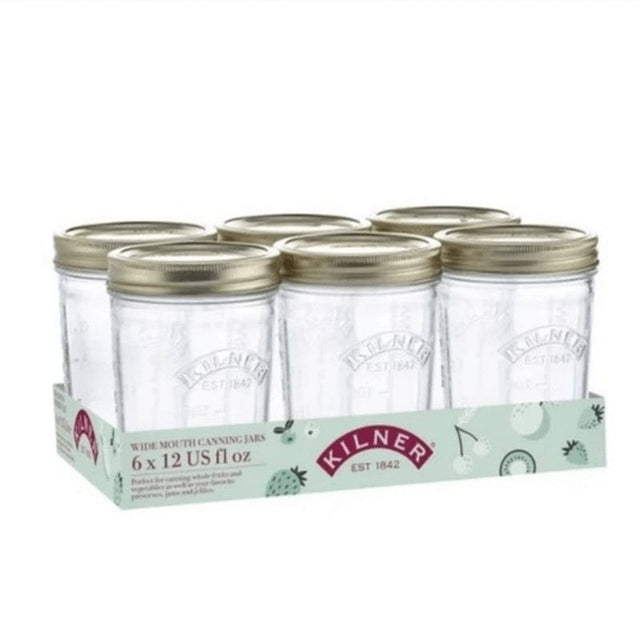 Kilner Wide Mouth Preserve Set of 6 jars (350ml) for making and storing jams, pickles, and preserves with airtight lids.