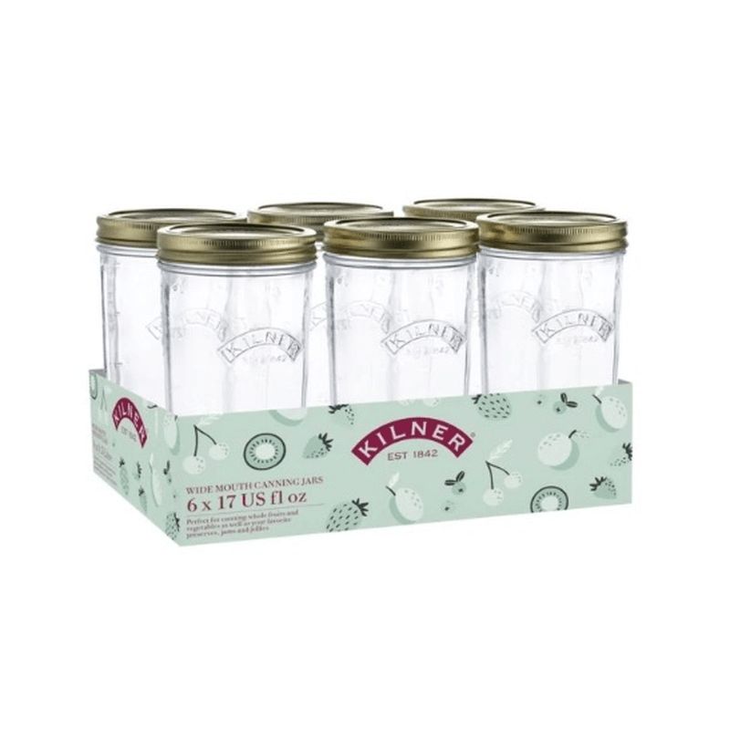 Kilner Wide Mouth Preserve Set of 6 jars, 500ml each, perfect for canning, pickling, and stylish kitchen storage.