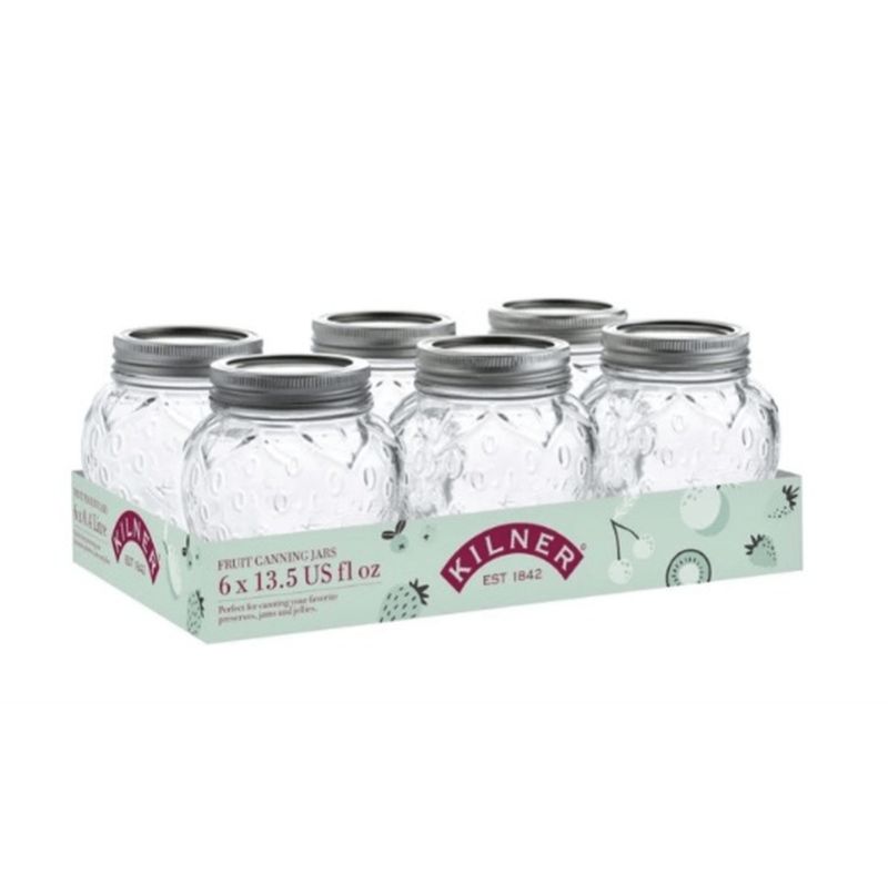 Kilner Strawberry Jar Set of 6, 400ml glass jars with embossed strawberry design and vacuum-seal lids for preserving jams and chutneys.