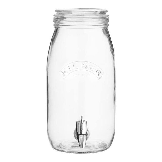 Kilner 3 Litre Drinks Dispenser features a stainless steel lid, easy-pour tap, and measuring scale for stylish hydration.