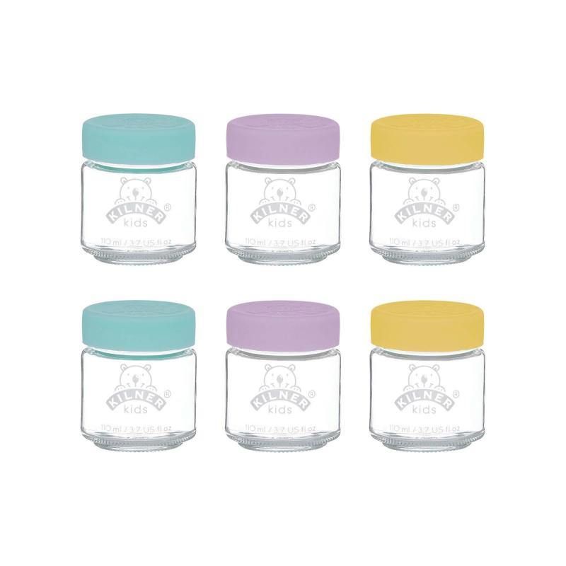 Kilner Kids Jar Set of 6 (110ml) with eco-friendly glass jars and non-spill silicone lids for safe baby food storage.